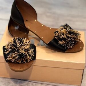Madewell Black and Tan Pom-Pom Sandals
